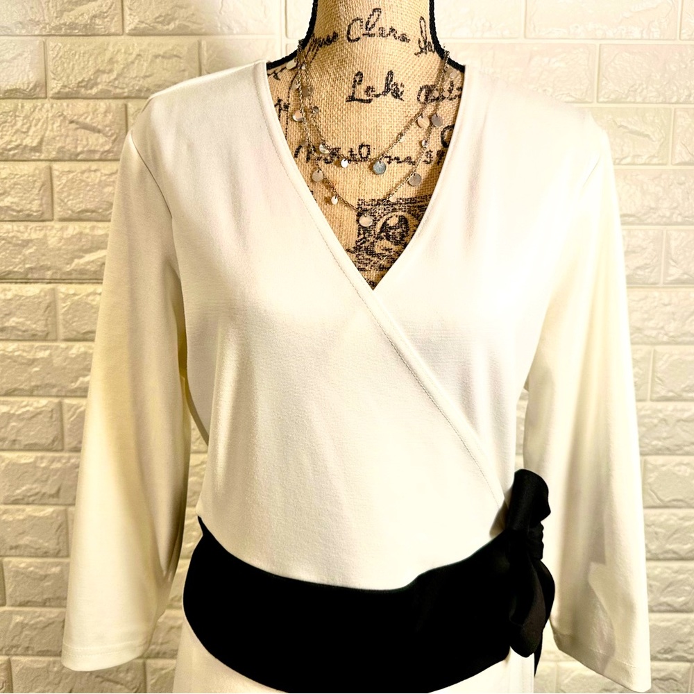 Black and white color blocked wrap dress.